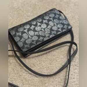 Coach Anna Foldover Crossbody Bag Signature Canvas Gunmetal Black Silver WOC